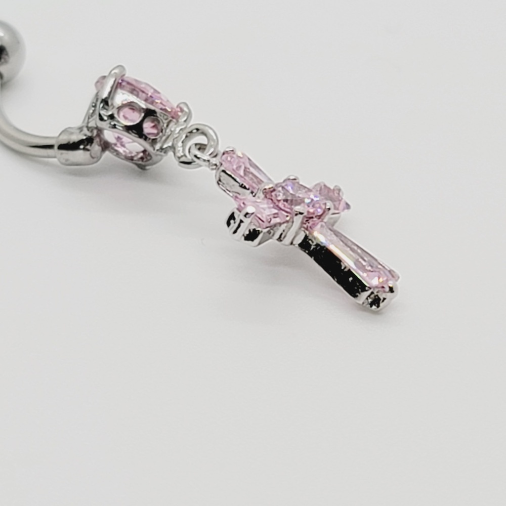 NWOT Sterling Silver Pink Cross Belly Button Ring - Picture 3 of 3